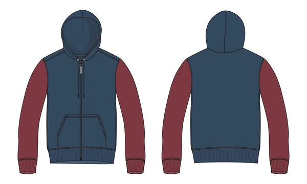 Zweifarbiger Roter Und Marineblauer Kapuzenpullover Technische Mode Flache Skizze Vector — Stockvektor