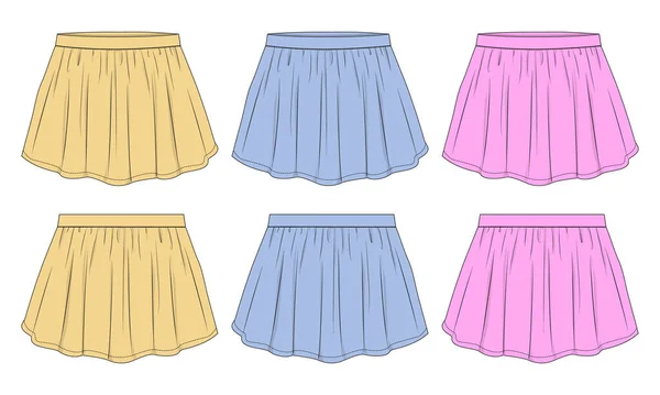 Multicolor Female Pleated Skirt Technical Fashion Flat Sketch Vector Template — Vector de stock