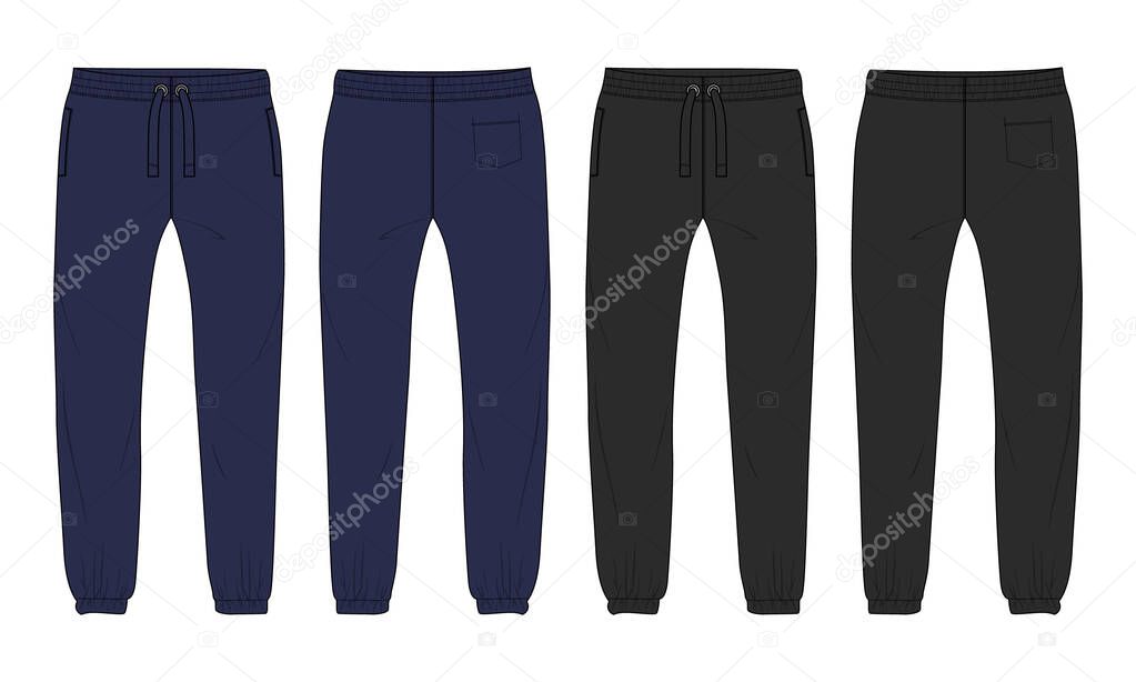 Black and navy color Sweat pant technical fashion flat sketch template front, back views. Apparel Fleece Cotton jogger pants vector illustration drawing mock up for Men's, kids and boys. 