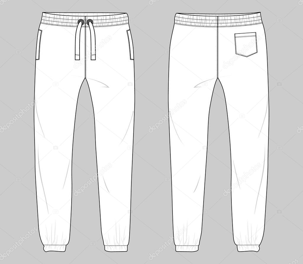 Fleece fabric Jogger Sweatpants overall technical fashion flat sketch vector illustration template front, back views. Apparel Clothing Design Mock up CAD.