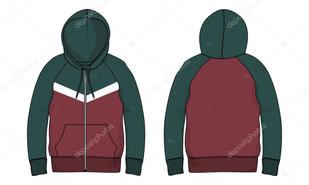 Two tone Red, Green Color Long sleeve hoodie with Zipper technical fashion Drawing sketch template front and back view. apparel dress design vector illustration mock up jacket CAD.