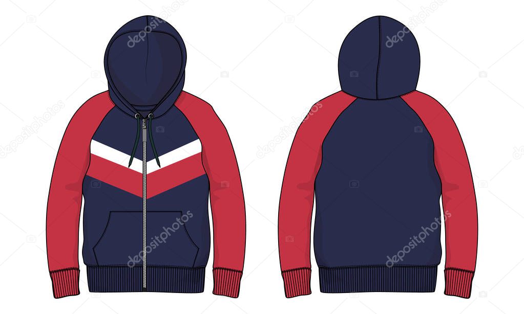 Long sleeve two tone Red, Navy Color Hoodie technical fashion Flat sketch Vector template. Apparel dress design vector Drawing mock up jacket CAD. Cotton fleece jersey Hoodie Clothing design.