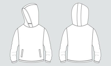 Fermuar tekniği ile uzun kollu kapüşonlu kapüşonlu taslak çizimi ön ve arka görünüm. Kıyafet tasarımı vektör illüstrasyonu ceket CAD 'ı taklit ediyor. Kolay düzenleme ve özelleştirilebilir.