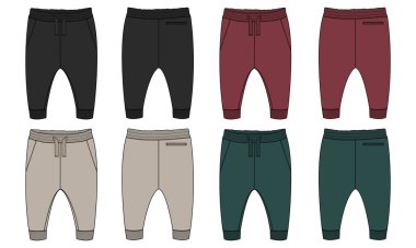 Çok renkli koleksiyon seti Temel Eşofman Eşofmanı Teknik Düz Taslak Şablon Ön ve Arka Görünümler. Örtü Cotton koşucusu pantolon vektör çizimi çocuklar ve oğlanlar için maket çiziyor.