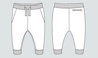 Tüylü pamuk forma temel eşofman altı, düz moda taslak, ön ve arka görünüm. Kıyafet koşucusu pantolon vektör çizimi çocuklar ve oğlanlar için. Moda tasarımı CAD çizimi.