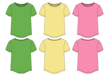 Çok renkli Koleksiyon Pembesi, Yeşil, Sarı Kadın Üstü. Tişört giyimi teknik moda düz taslak vektör şablonu. Kıyafet tasarımı, illüstrasyon modellemesi Bayanlar Unisex Tops CAD.
