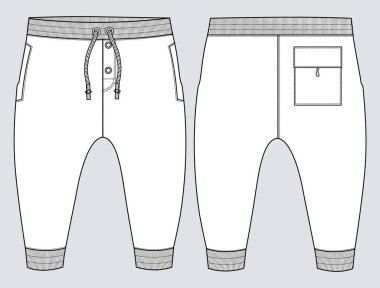 Tüylü pamuk forma temel eşofman altı, düz moda taslak, ön ve arka görünüm. Kıyafet koşucusu pantolon vektör çizimi çocuklar ve oğlanlar için. Moda tasarımı CAD çizimi.