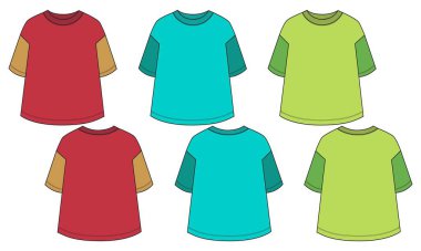 Kadınlar için çok renkli Gevşeme Kısa Kollu Moda Düz Taslak Taslak Şablonu 'na uyuyor. Giysi tasarımı boş t-shirt ön taraf alay, arka plan izole beyaz arkaplan.