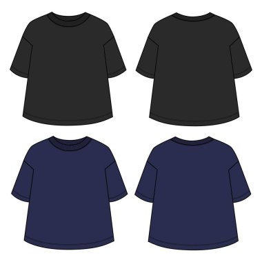 Siyah ve lacivert kısa kollu tişört tüm teknik moda düz taslak vektör çizimi ön ve arka görünüm şablonu. Giysiler erkekler ve oğlanlar için.. 