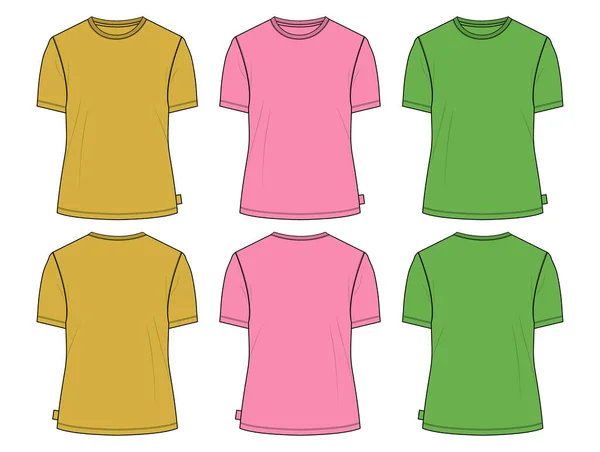 多色短袖T恤衫的整体技术时尚平面素描矢量模板为妇女的 服装设计空白T恤造型前 背景隔离在白色背景 — 图库矢量图片