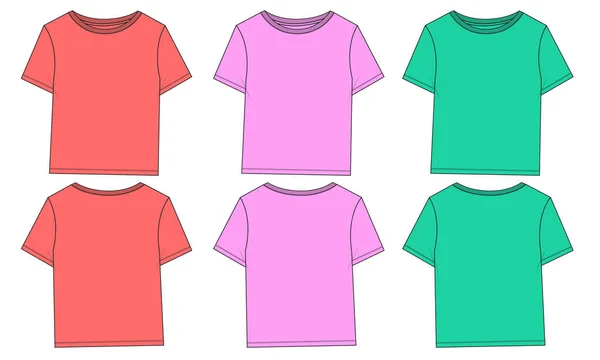 多色彩短袖T恤服装设计技术时尚平面素描矢量模板 适用于女婴和女婴 后视图模拟的棉织物服装 — 图库矢量图片
