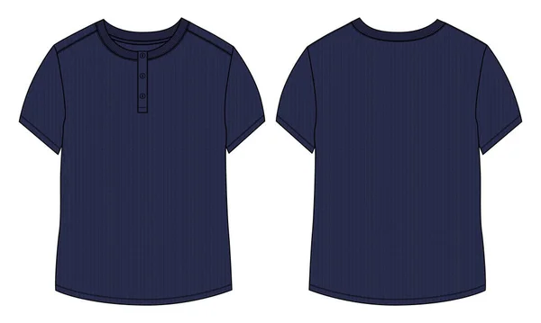 常规合身的短袖T恤衫技术素描时尚扁平模板与圆形领口 矢量图解基本服装设计蓝色仿真Cad 容易编辑和定制 — 图库矢量图片