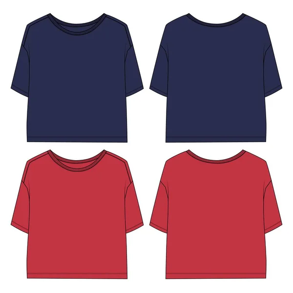 红色宽松适用于短袖T恤衫整体技术时尚平底鞋矢量模板的女性 服装设计空白T恤造型前 背景隔离在白色背景 — 图库矢量图片