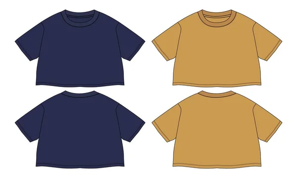 黄色短袖T恤上衣上衣 为女婴和女婴设计技术时尚平面素描矢量模板 后视图模拟的棉织物服装 — 图库矢量图片