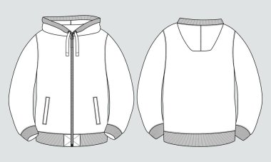 Uzun kollu kapüşonlu Sweatshirt teknik taslak çizim vektör çizim şablonu Ön ve arka görünüm