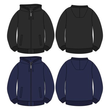 Uzun kollu kapüşonlu Sweatshirt teknik taslak çizim vektör çizim şablonu Ön ve arka görünüm