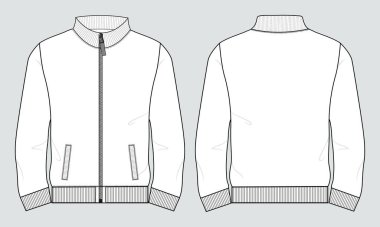 Stand Up Collar fleece sweatshirt 'lü Uzun Kol Ceket Teknik Taslak Çizim Vektör çizim şablonu Ön ve arka görünüm.