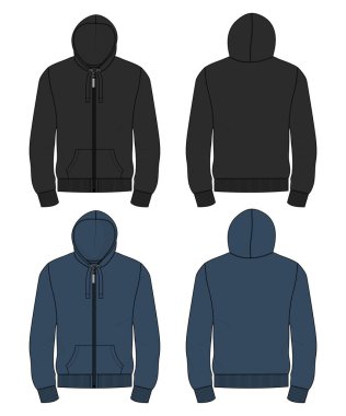 Uzun kollu kapüşonlu Sweatshirt teknik taslak çizim vektör çizim şablonu Ön ve arka görünüm