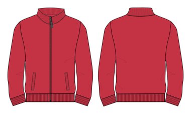 Stand Up Collar fleece sweatshirt 'lü Uzun Kol Ceket Teknik Taslak Çizim Vektör çizim şablonu Ön ve arka görünüm.