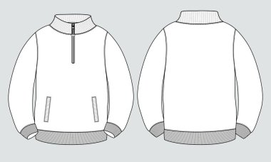 Stand Up Collar fleece sweatshirt 'lü Uzun Kol Ceket Teknik Taslak Çizim Vektör çizim şablonu Ön ve arka görünüm.