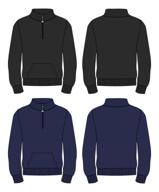 Stand Up Collar fleece sweatshirt 'lü Uzun Kol Ceket Teknik Taslak Çizim Vektör çizim şablonu Ön ve arka görünüm.