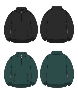 Stand Up Collar fleece sweatshirt 'lü Uzun Kol Ceket Teknik Taslak Çizim Vektör çizim şablonu Ön ve arka görünüm.