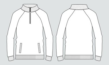 Stand Up Collar fleece sweatshirt 'lü Uzun Kol Ceket Teknik Taslak Çizim Vektör çizim şablonu Ön ve arka görünüm.