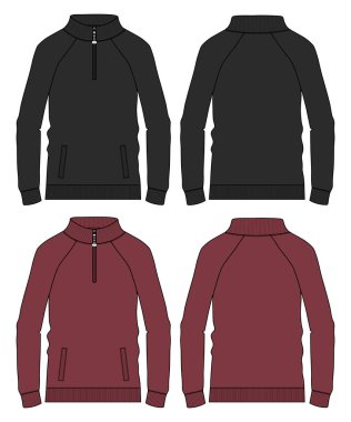 Stand Up Collar fleece sweatshirt 'lü Uzun Kol Ceket Teknik Taslak Çizim Vektör çizim şablonu Ön ve arka görünüm.