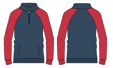 Stand Up Collar fleece sweatshirt 'lü Uzun Kol Ceket Teknik Taslak Çizim Vektör çizim şablonu Ön ve arka görünüm.