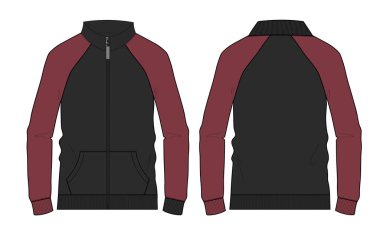 Stand Up Collar fleece sweatshirt 'lü Uzun Kol Ceket Teknik Taslak Çizim Vektör çizim şablonu Ön ve arka görünüm.