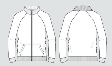 Stand Up Collar fleece sweatshirt 'lü Uzun Kol Ceket Teknik Taslak Çizim Vektör çizim şablonu Ön ve arka görünüm.