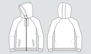 Uzun kollu kapüşonlu Sweatshirt teknik taslak çizim vektör çizim şablonu Ön ve arka görünüm