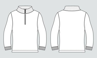 Stand Up Collar fleece sweatshirt 'lü Uzun Kol Ceket Teknik Taslak Çizim Vektör çizim şablonu Ön ve arka görünüm.