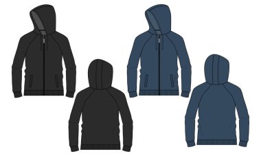 Uzun kollu kapüşonlu Sweatshirt teknik taslak çizim vektör çizim şablonu Ön ve arka görünüm
