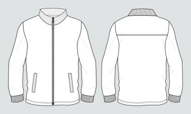 Stand Up Collar fleece sweatshirt 'lü Uzun Kol Ceket Teknik Taslak Çizim Vektör çizim şablonu Ön ve arka görünüm.