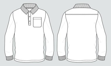 Cepli uzun kollu Polo tişörtü Genel Teknik moda Çizim Düz çizim şablonu ön ve arka görünüm