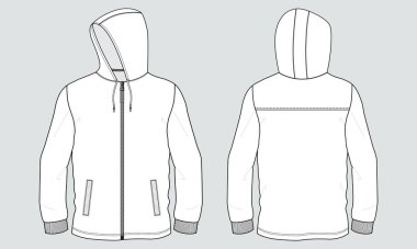 Uzun kollu kapüşonlu Sweatshirt teknik taslak çizim vektör çizim şablonu Ön ve arka görünüm