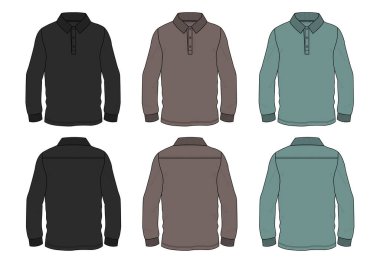 Cepli uzun kollu Polo tişörtü Genel Teknik moda Çizim Düz çizim şablonu ön ve arka görünüm
