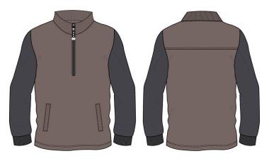 Stand Up Collar fleece sweatshirt 'lü Uzun Kol Ceket Teknik Taslak Çizim Vektör çizim şablonu Ön ve arka görünüm.