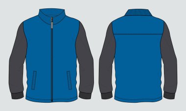 Stand Up Collar fleece sweatshirt 'lü Uzun Kol Ceket Teknik Taslak Çizim Vektör çizim şablonu Ön ve arka görünüm.