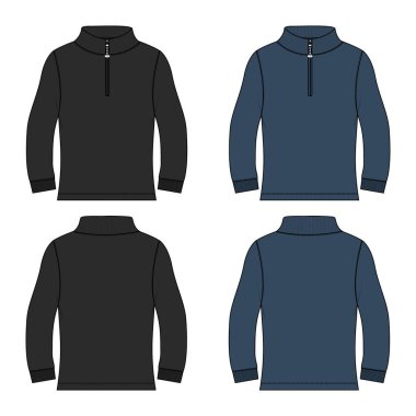 Stand Up Collar fleece sweatshirt 'lü Uzun Kol Ceket Teknik Taslak Çizim Vektör çizim şablonu Ön ve arka görünüm.