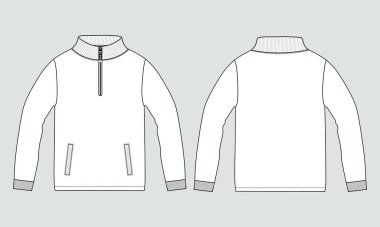 Stand Up Collar fleece sweatshirt 'lü Uzun Kol Ceket Teknik Taslak Çizim Vektör çizim şablonu Ön ve arka görünüm.
