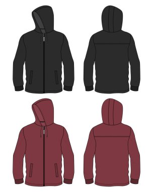 Uzun kollu kapüşonlu Sweatshirt teknik taslak çizim vektör çizim şablonu Ön ve arka görünüm