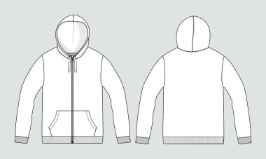 Uzun kollu kapüşonlu Sweatshirt teknik taslak çizim vektör çizim şablonu Ön ve arka görünüm