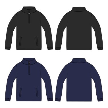 Stand Up Collar fleece sweatshirt 'lü Uzun Kol Ceket Teknik Taslak Çizim Vektör çizim şablonu Ön ve arka görünüm.