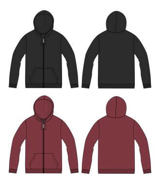Uzun kollu kapüşonlu Sweatshirt teknik taslak çizim vektör çizim şablonu Ön ve arka görünüm