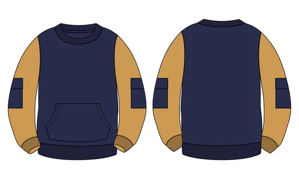 Στρογγυλό Λαιμό Μακρύ Μανίκι Pocket Sweatshirt Τεχνική Μόδα Επίπεδη Σχέδια — Διανυσματικό Αρχείο