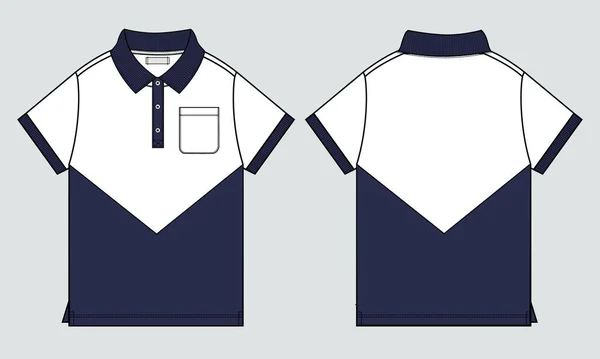袖子短袖Polo衬衫 带有口袋技术时尚平面草图矢量插图模板前 后视图 — 图库矢量图片