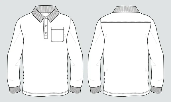 ポケット付きの長袖ポロシャツ全体的な技術的なファッション図面フラットスケッチテンプレートフロントとバックビュー — ストックベクタ