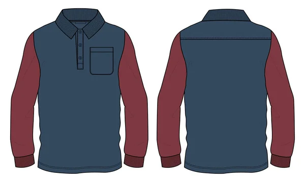 Langarm Poloshirt Mit Tasche Technische Mode Zeichnung Flache Skizzenvorlage Vorder — Stockvektor